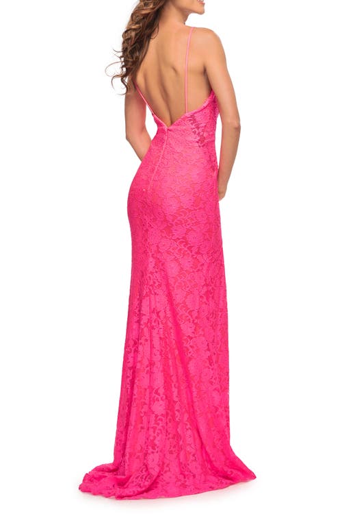 La Femme Gorgeous Neon Pink Tulle And Lace Mermaid Gown In Neon Pink
