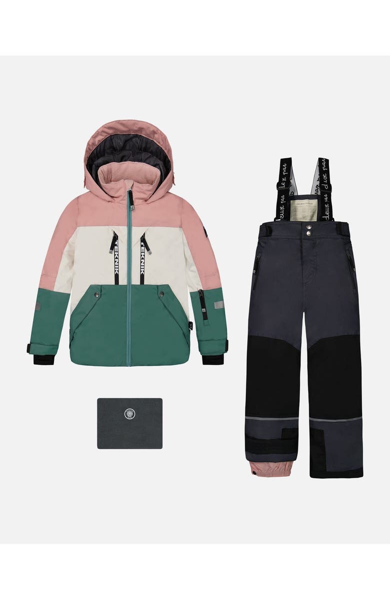 Deux par Deux Big Girl's Two Piece Technical Snowsuit Pink, White And Sage With Dark Grey, Main, color, 