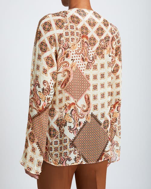 Santorelli Zuri V-neck Blouse With Flared Long Sleeves In Ochre Multi