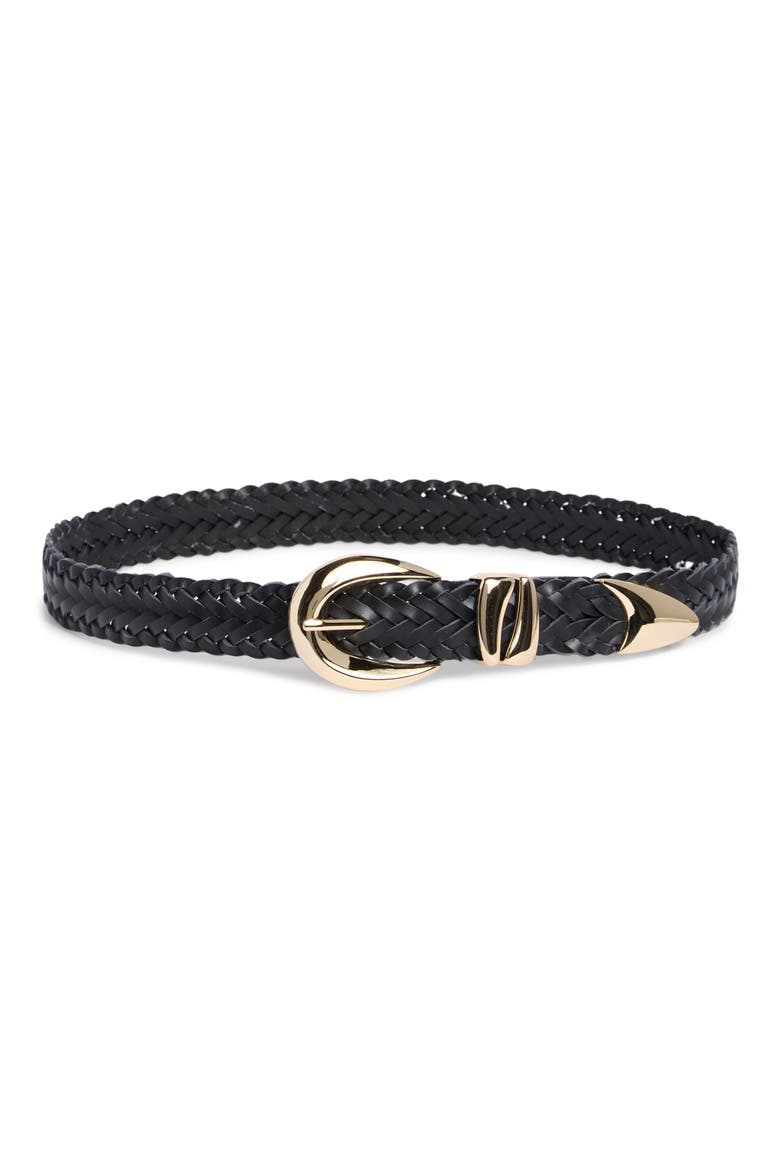 Sculptural Buckle Woven Leather Belt, Main, color, BLACK GOLD