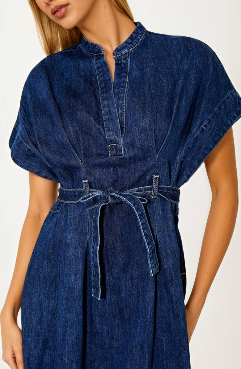 Knit and Lounge Belted Denim Mini Dress, Alternate, color, 