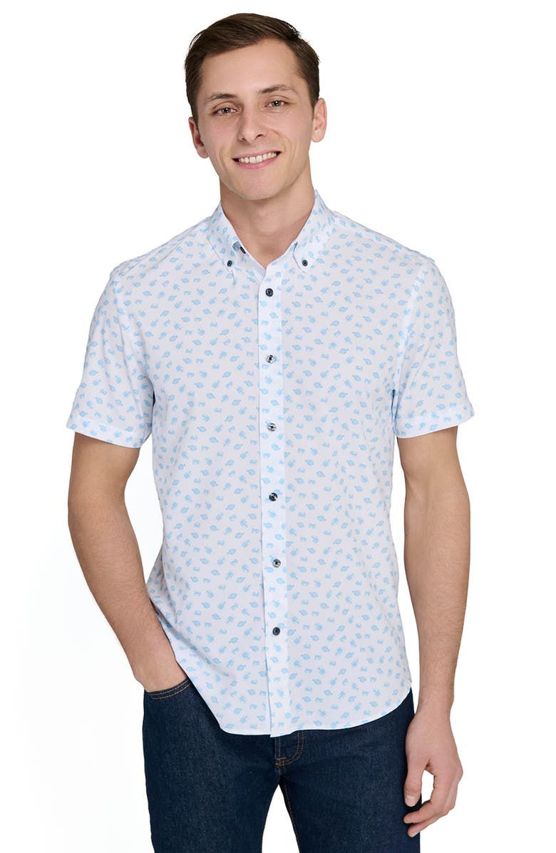 CONSTRUCT Slim Fit 4-Way Stretch Short Sleeve Button-Up Performance Shirt, Alternate, color, White/ Blue