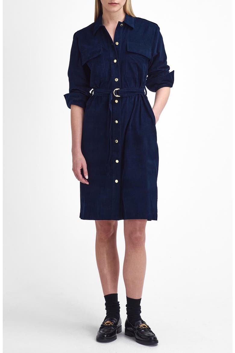 Noelle Long Sleeve Cotton Corduroy Belted Shirtdress, Main, color, NAVY BLUE