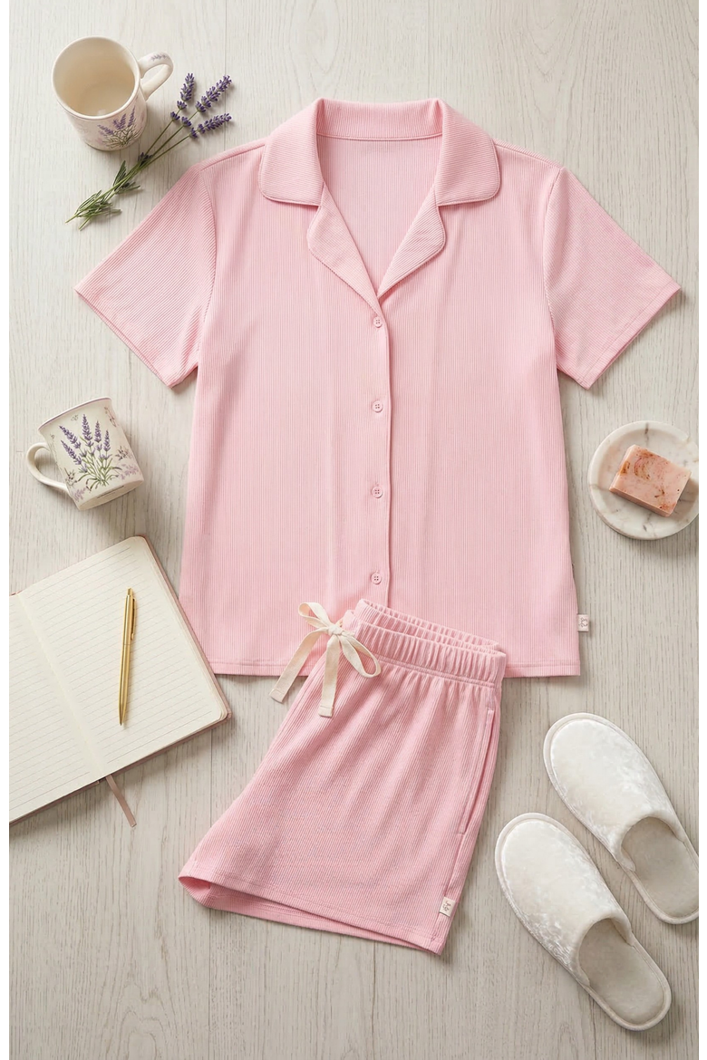 Yummy Jersey Rib Button-Up & Short Pajama Set, Alternate, color, Rose