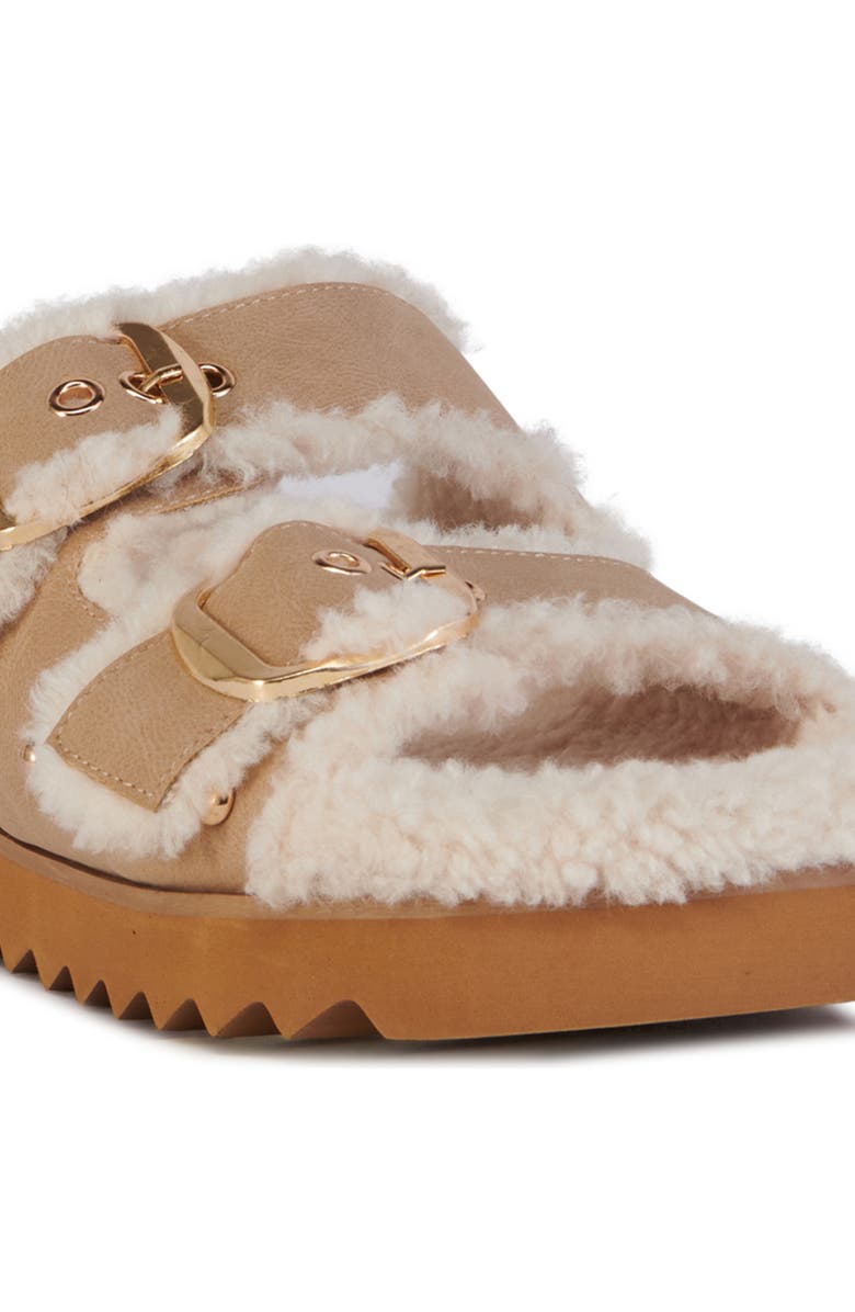 AZALEA WANG Tresor High Pile Fleece Trim Slide Sandal, Alternate, color, Tan