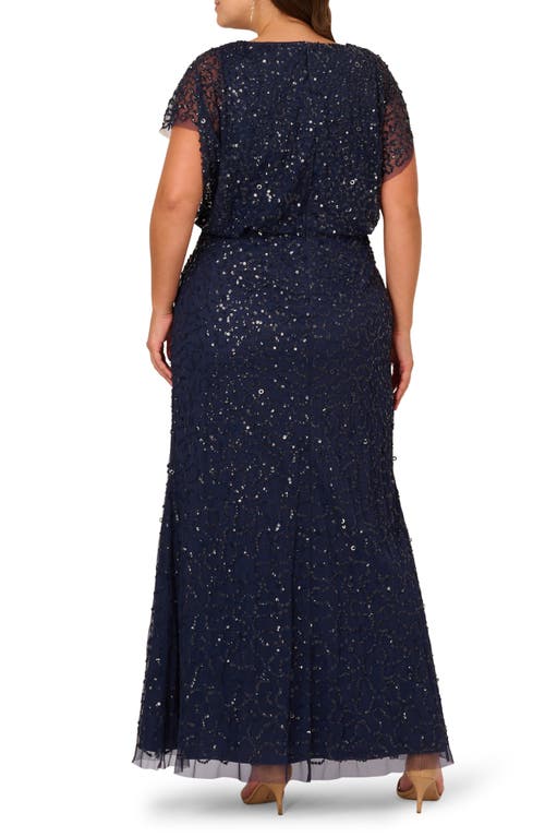 Adrianna Papell Floral Embroidery & Sequin Mesh Mermaid Gown In Blue