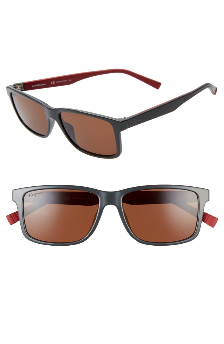 FERRAGAMO 57mm Square Sunglasses, Main, color, Dark Grey/Red