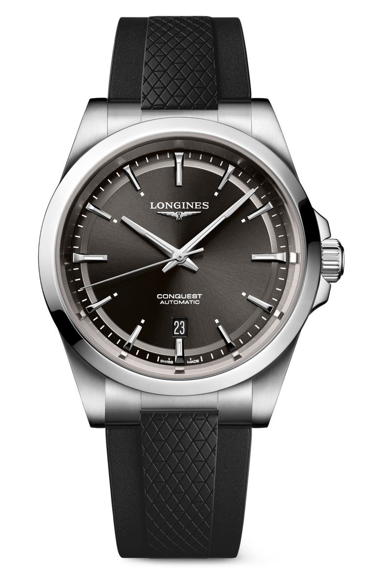 Conquest Black Automatic Rubber Strap Watch, 41mm, Main, color, BLACK