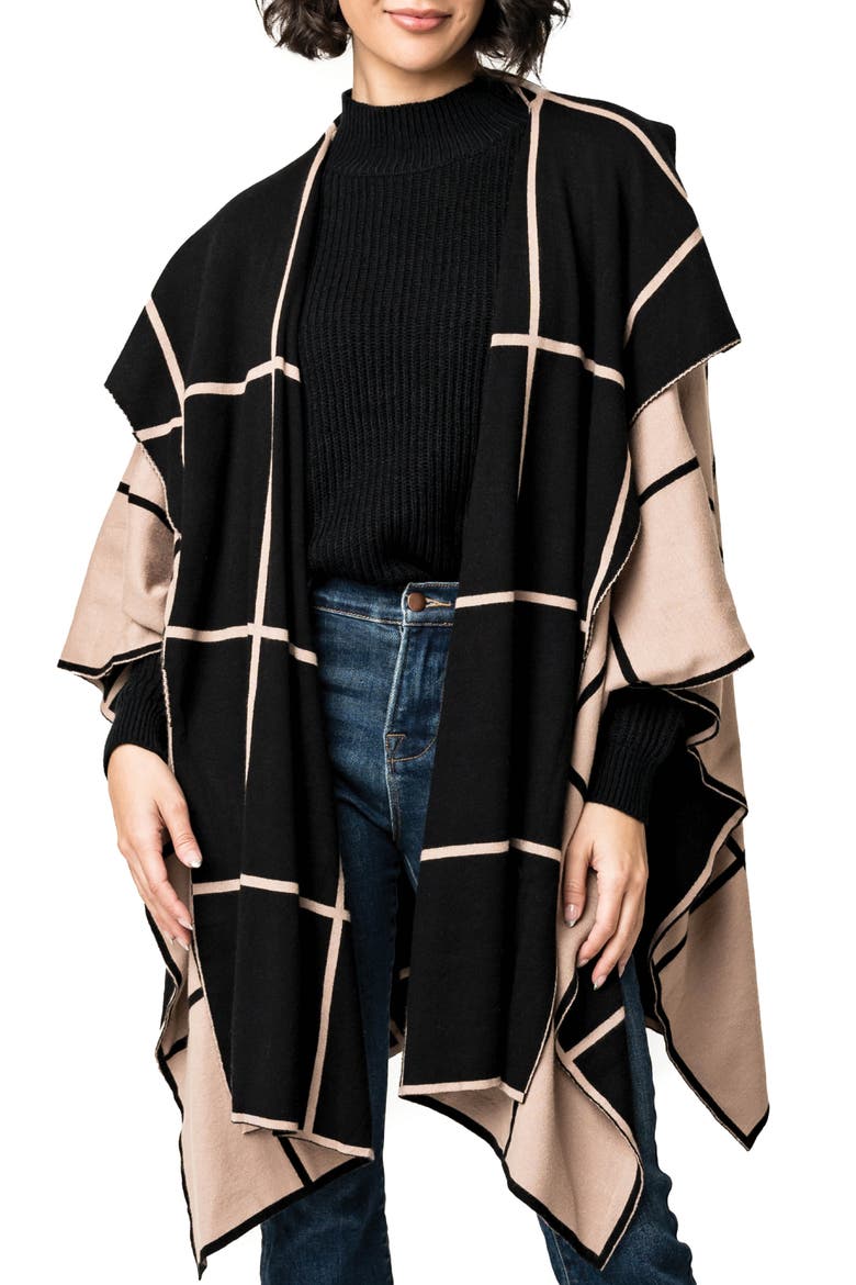 Double Knit Checkered Cape, Main, color, CHAI BLACK