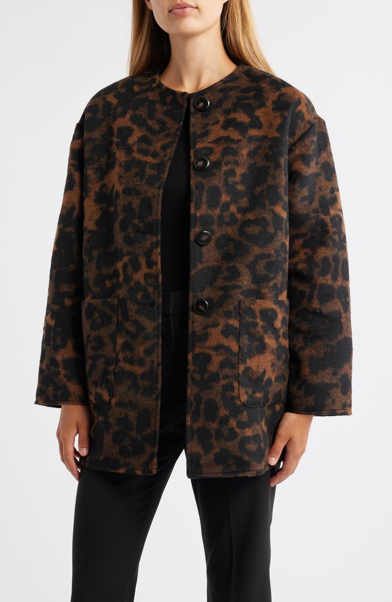 Anne Klein Leopard Print Topper Coat, Main, color, Anne Black/ Brown Multi