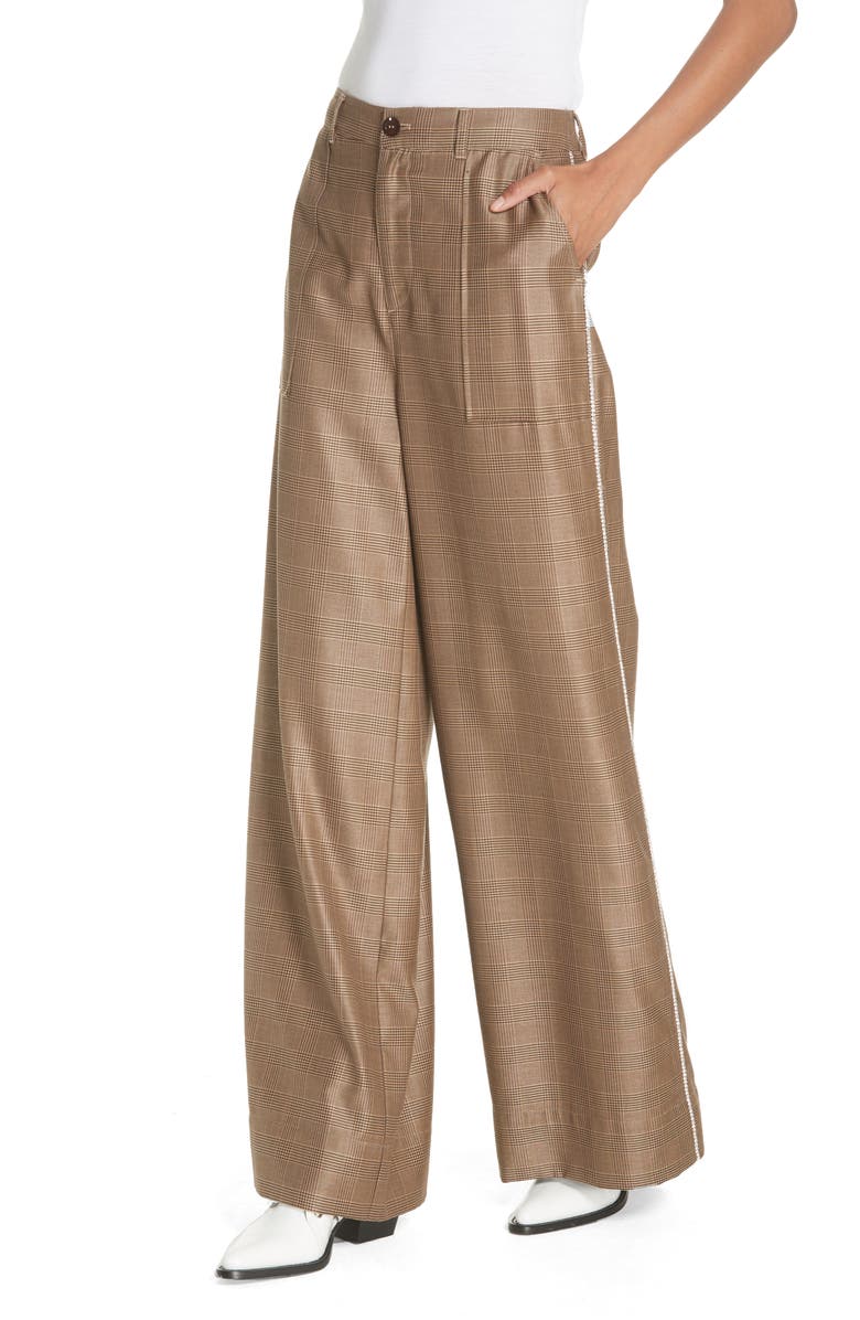 Ganni Merkel Glen Plaid Wide Leg Silk & Wool Pants, Alternate, color,