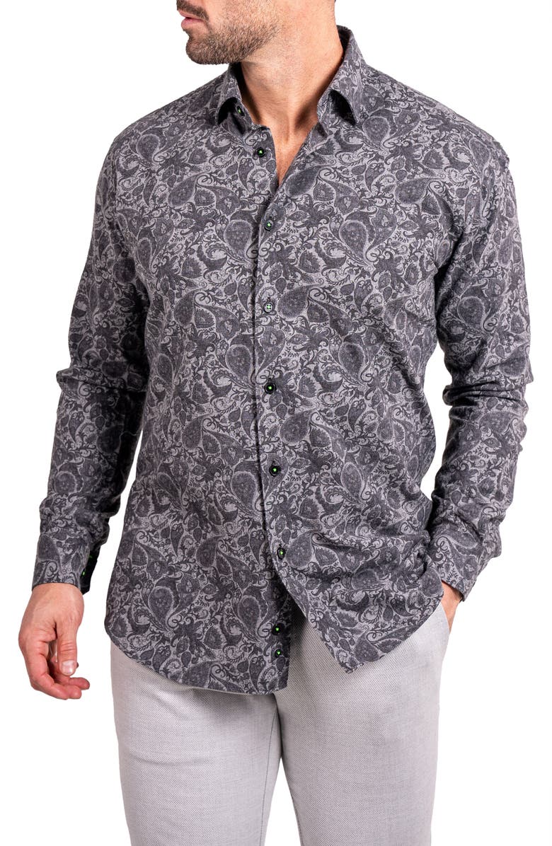 Maceoo Fibonacci Ascension 0252 Paisley Contemporary Fit Button-Up Shirt, Alternate, color, Grey