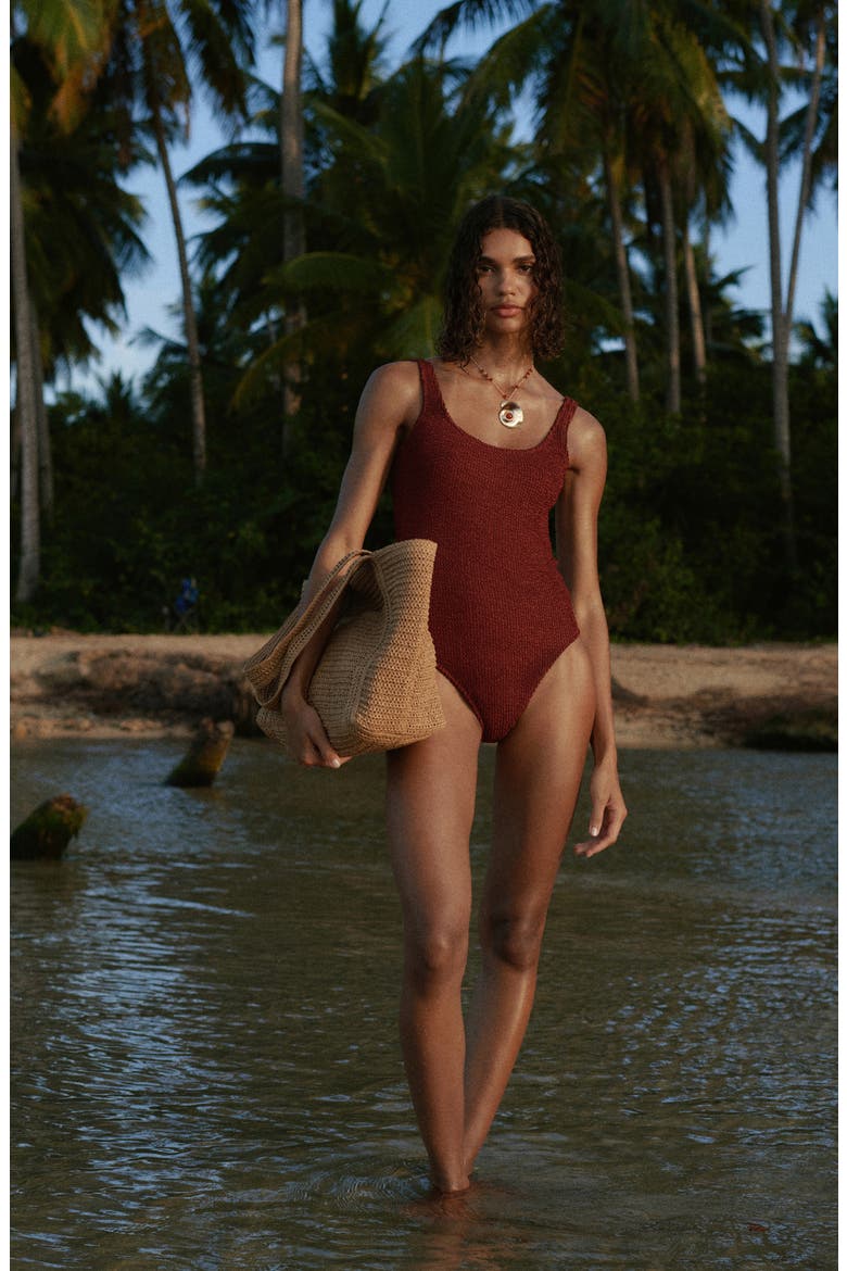 Textured One-Piece Swimsuit, Alternate, color, RUSSET