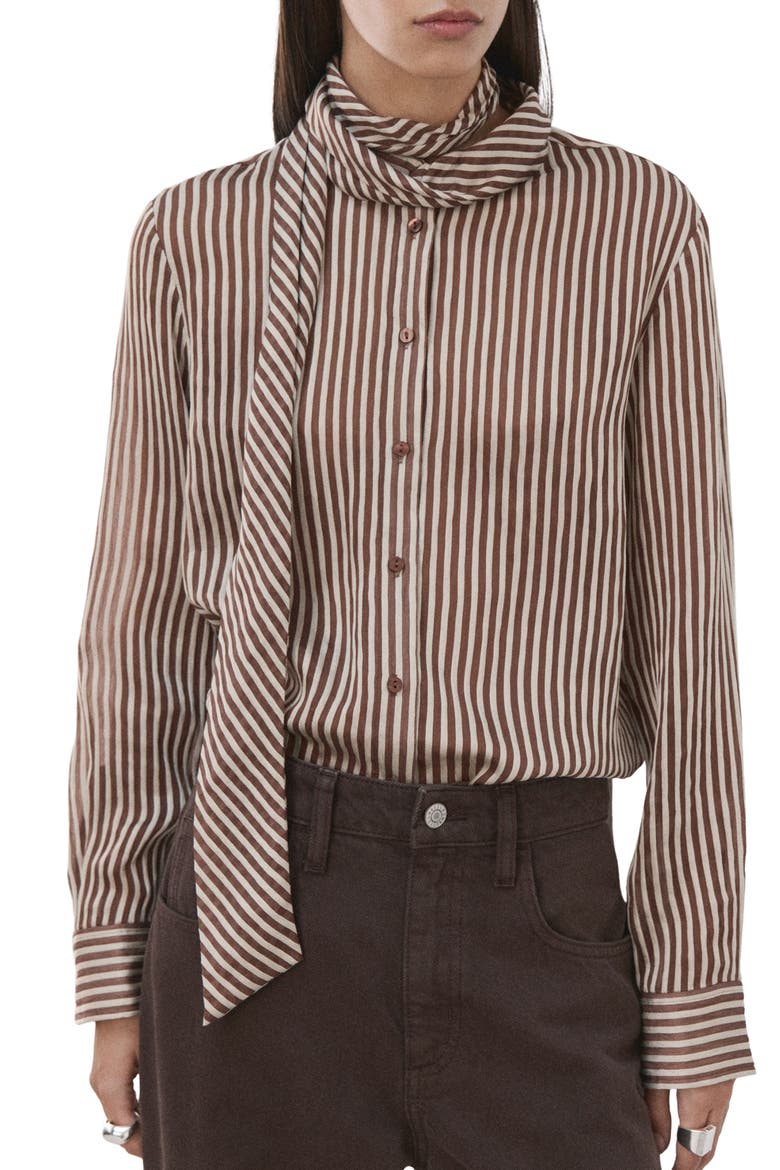 Stripe Tie Neck Top, Main, color, BROWN