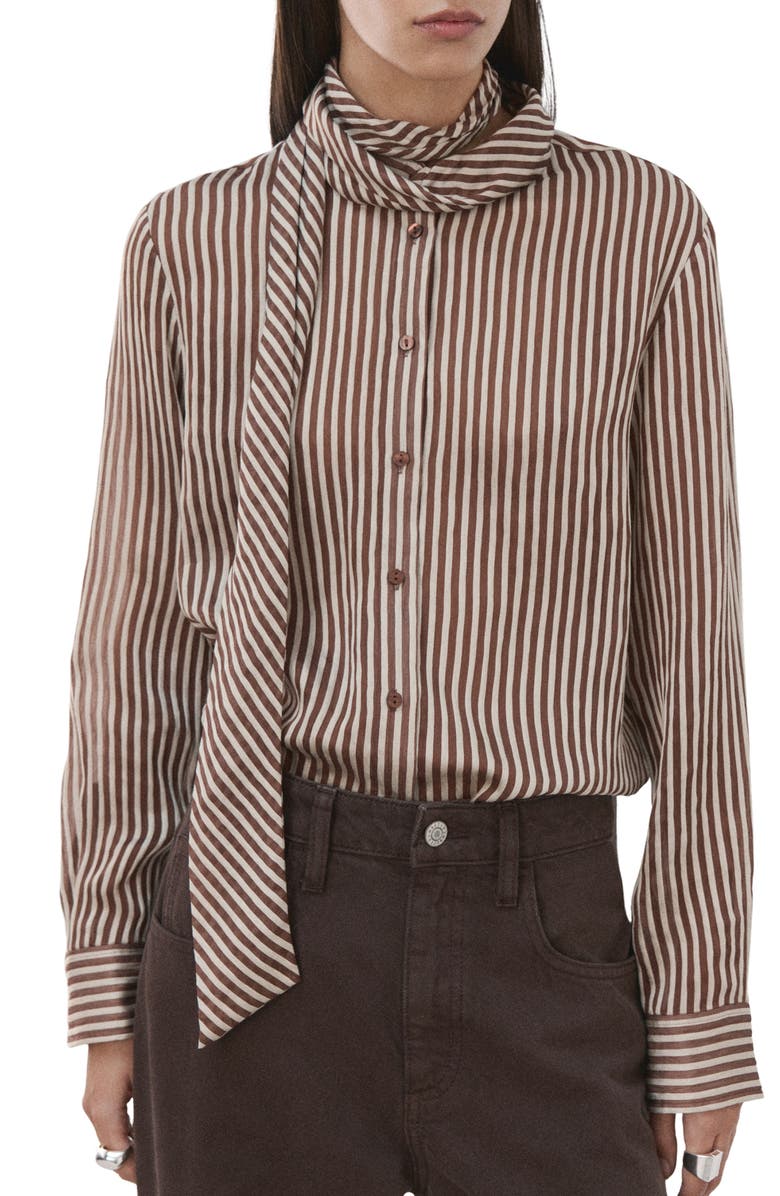 MANGO Stripe Tie Neck Top, Main, color, Brown