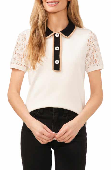 CeCe Lace Sleeve Polo Sweater