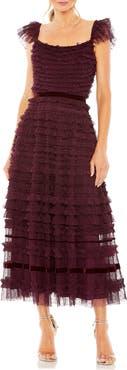 Mac Duggal Women's Ruffle Cap Sleeve Embellished Tiered Midi Dress