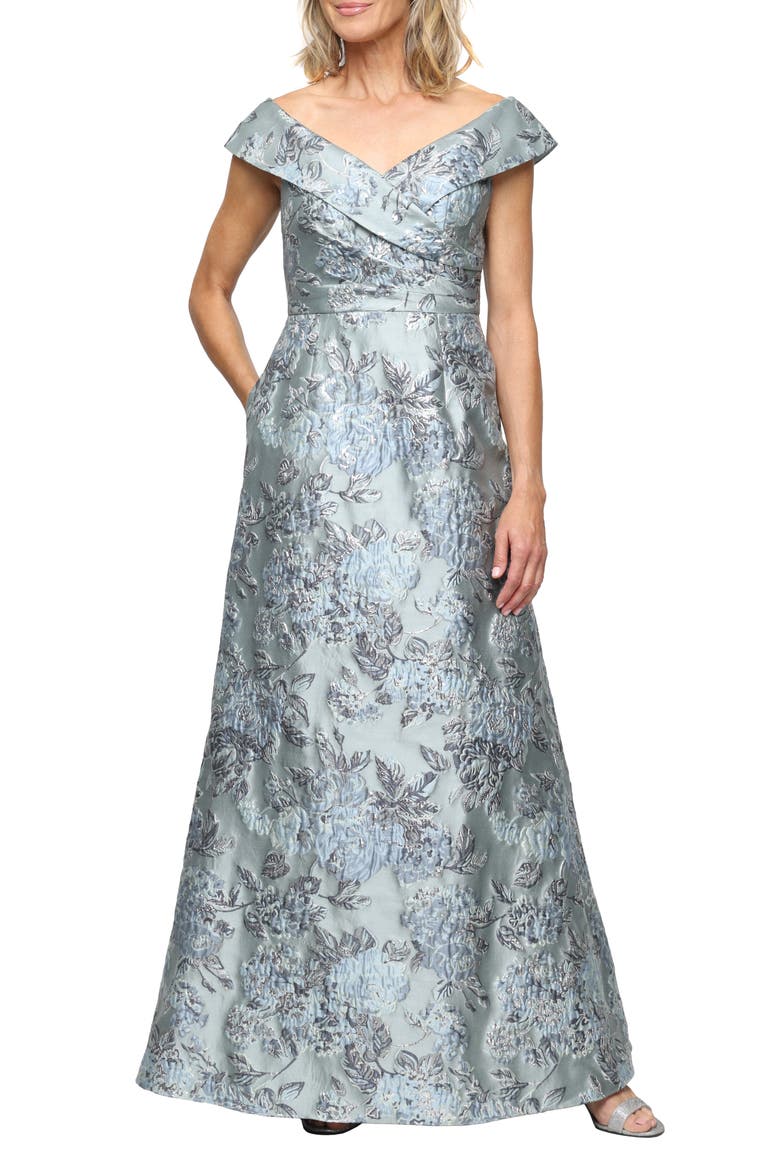 Metallic Floral Jacquard Off the Shoulder Gown, Main, color, ICE SAGE