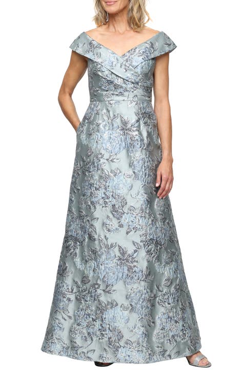 Metallic Floral Jacquard Off the Shoulder Gown