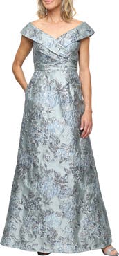 Alex Evenings Metallic Floral Jacquard Off the Shoulder Gown