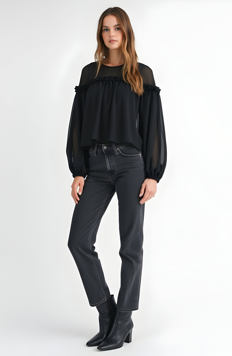 Modenaire Sheer Long Sleeve Blouse with Ruffled Trim and Flowing Silhouette, Alternate, color, Black
