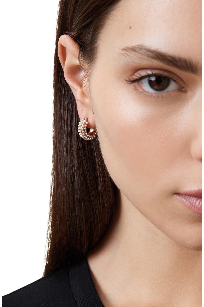 Faux Pearl Huggie Hoop Earrings, Alternate, color, GOLD/ WHITE