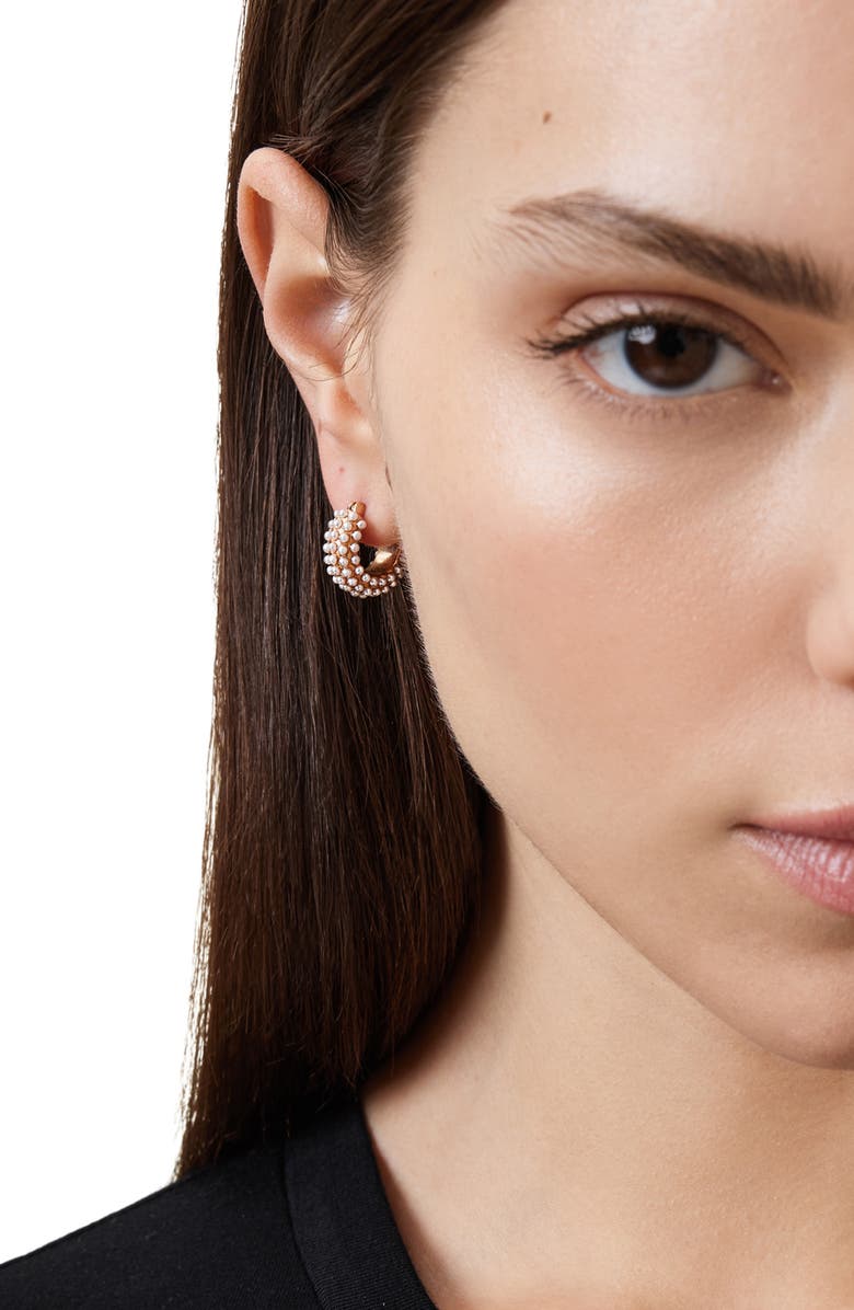 AllSaints Faux Pearl Huggie Hoop Earrings, Alternate, color, Gold/ White