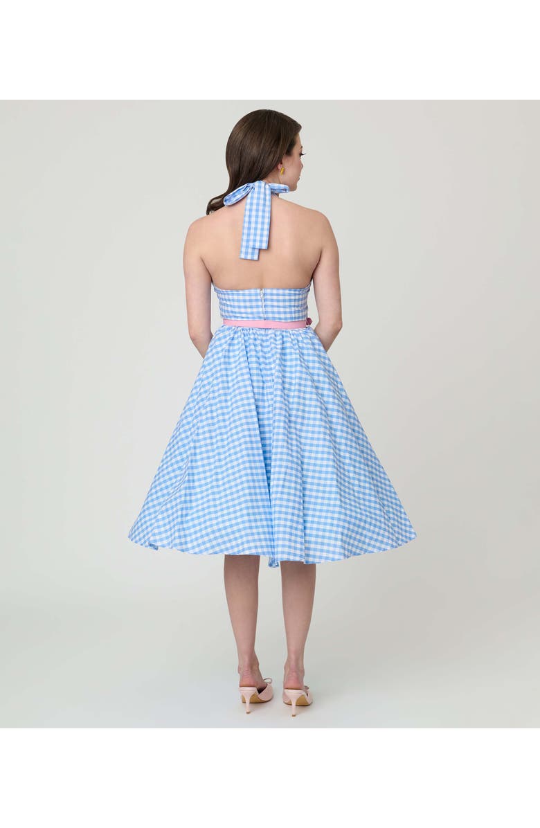 Unique Vintage Belted Scallop Front Halter Swing Dress, Alternate, color, Blue Gingham Floral