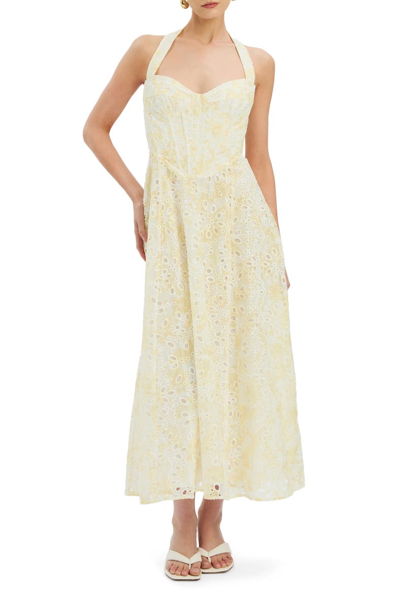Pollie Eyelet Halter Midi Dress, Main, color, YELLOW FLORAL