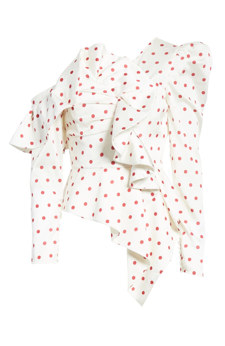 Self-Portrait Polka Dot Ruffle One-Shoulder Satin Top, Alternate, color,
