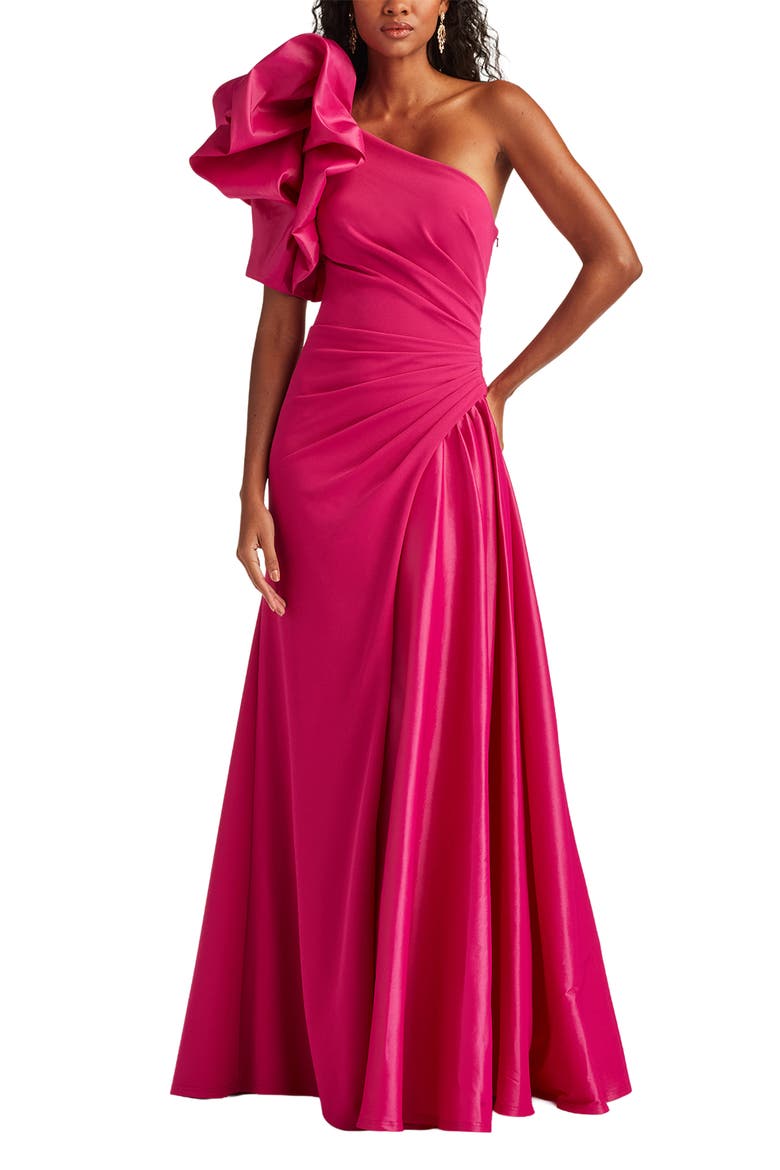 Puff Ruched One-Shoulder Gown, Main, color, HIBISCUS