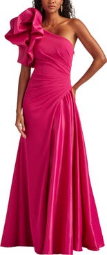 Tadashi Shoji Puff Ruched One-Shoulder Gown
