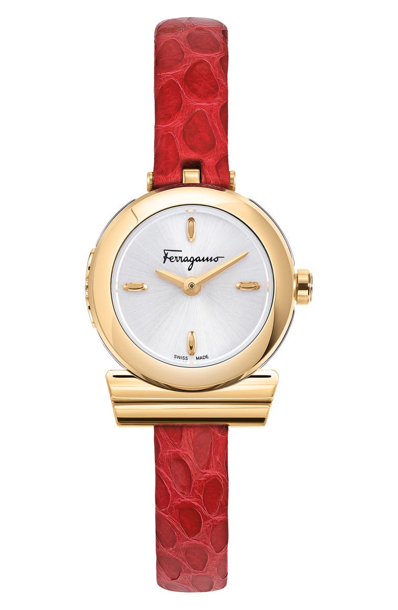 FERRAGAMO Gancio Leather Strap Watch, 22.5mm, Main, color, 