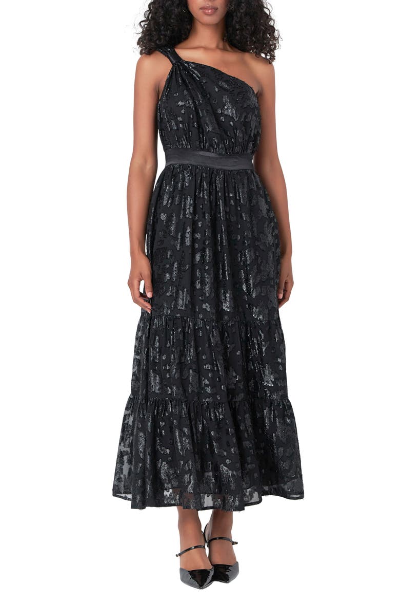 Metallic Floral One-Shoulder Chiffon Dress, Main, color, BLACK