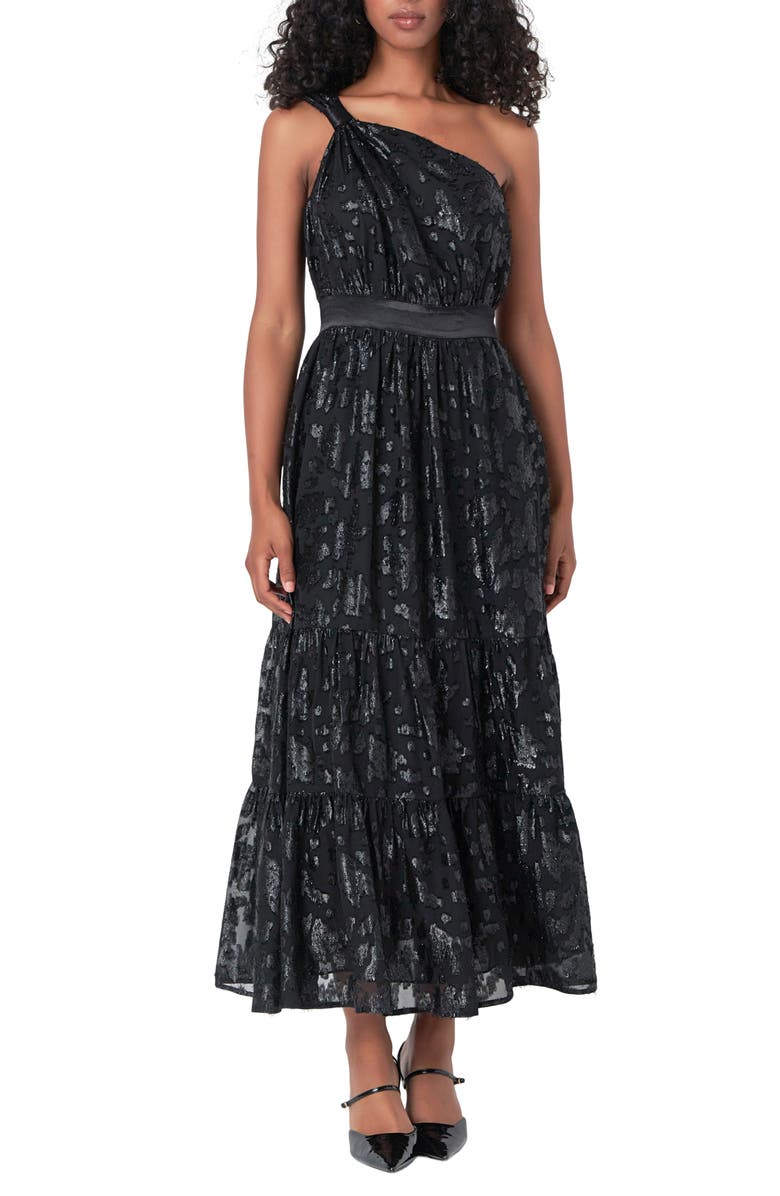 Endless Rose Metallic Floral One-Shoulder Chiffon Dress, Main, color, Black