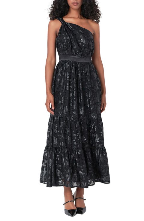 Metallic Floral One-Shoulder Chiffon Dress