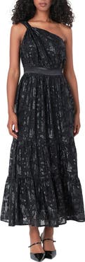 Endless Rose Metallic Floral One-Shoulder Chiffon Dress