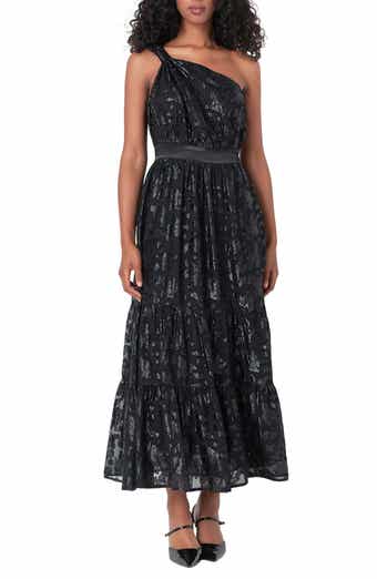 Metallic Floral One-Shoulder Chiffon Dress