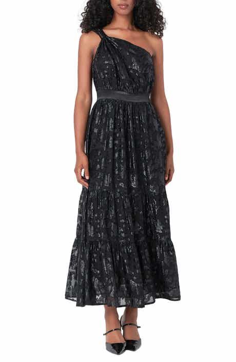 Metallic Floral One-Shoulder Chiffon Dress
