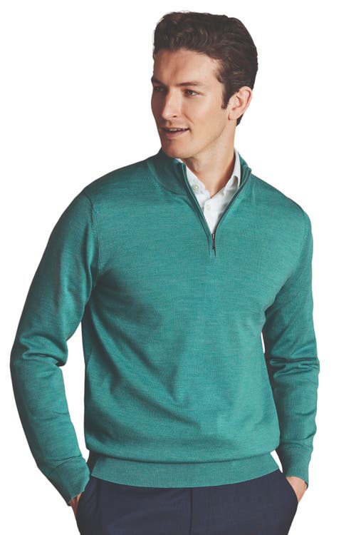 Charles Tyrwhitt Pure Merino Zip Neck Sweater in Aqua Green 