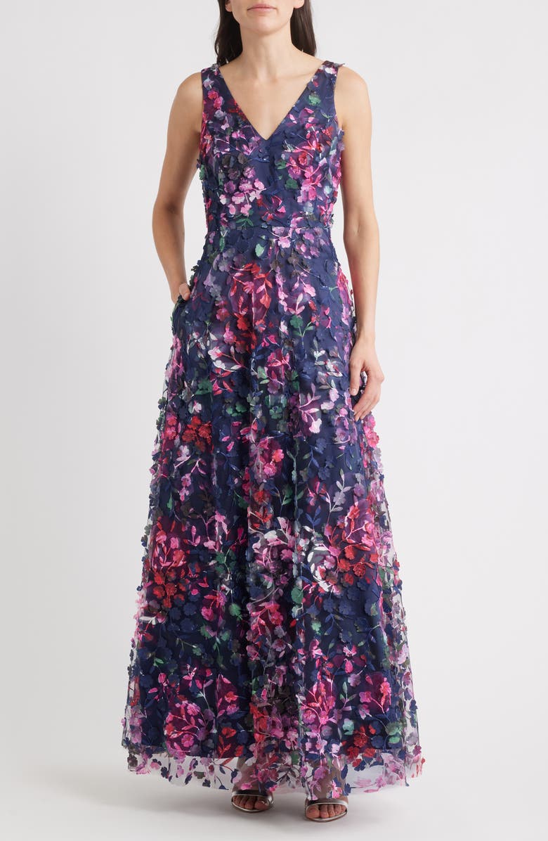 Eliza J Floral Appliqué Sleeveless A-Line Gown, Main, color, Navy Multi