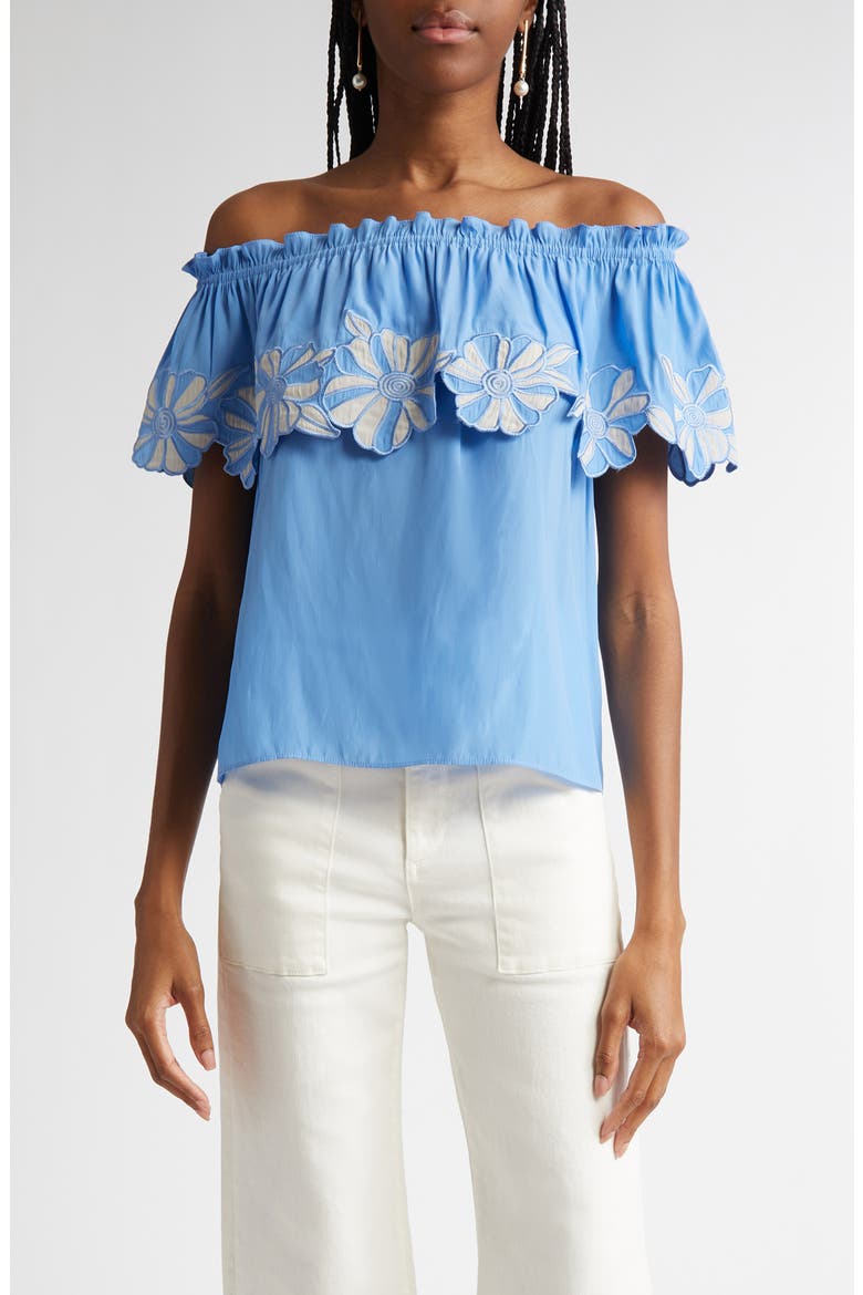 Terri Embroidered Floral Ruffle Off the Shoulder Top, Main, color, RIBBON BLUE