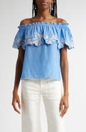 Ramy Brook Terri Embroidered Floral Ruffle Off the Shoulder Top