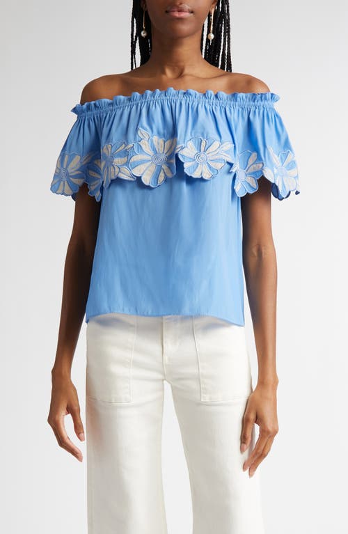 RAMY BROOK RAMY BROOK TERRI EMBROIDERED FLORAL RUFFLE OFF THE SHOULDER TOP