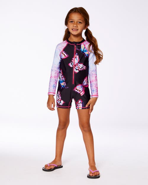 DEUX PAR DEUX DEUX PAR DEUX LITTLE GIRL'S PRINTED LONG SLEEVE ONE-PIECE RASHGUARD BLACK AND MULTICOLORED BUTTERFLI