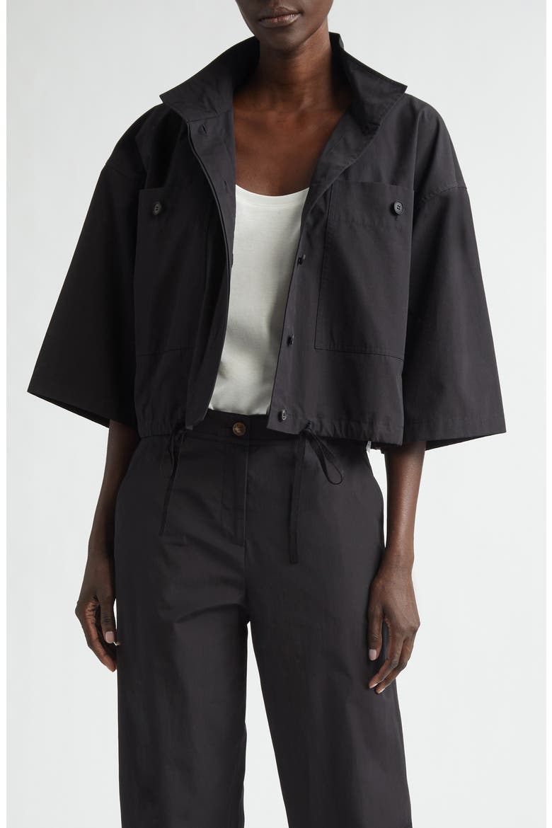Oversize Cotton Poplin Crop Shirt Jacket, Main, color, BLACK