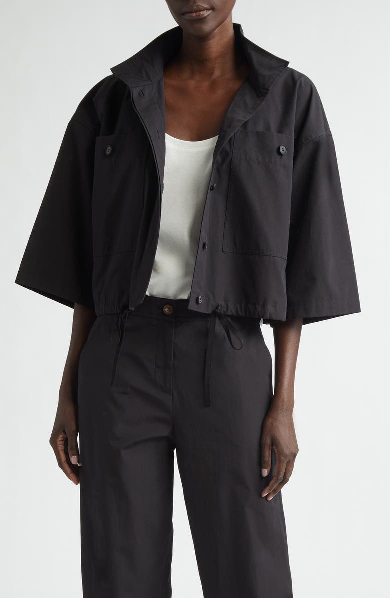 Lafayette 148 New York Oversize Cotton Poplin Crop Shirt Jacket, Main, color, Black