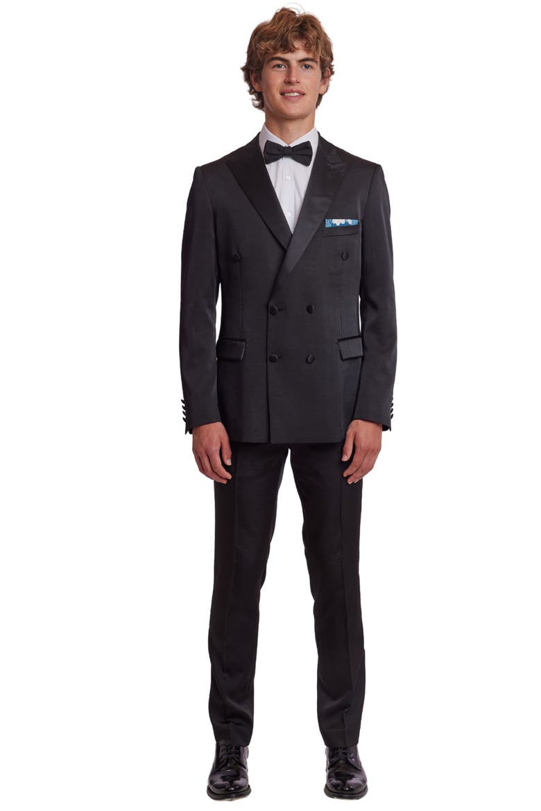 Soho Slim Fit Double Breasted Suit Jacket, Alternate, color, BLACK ON BLACK