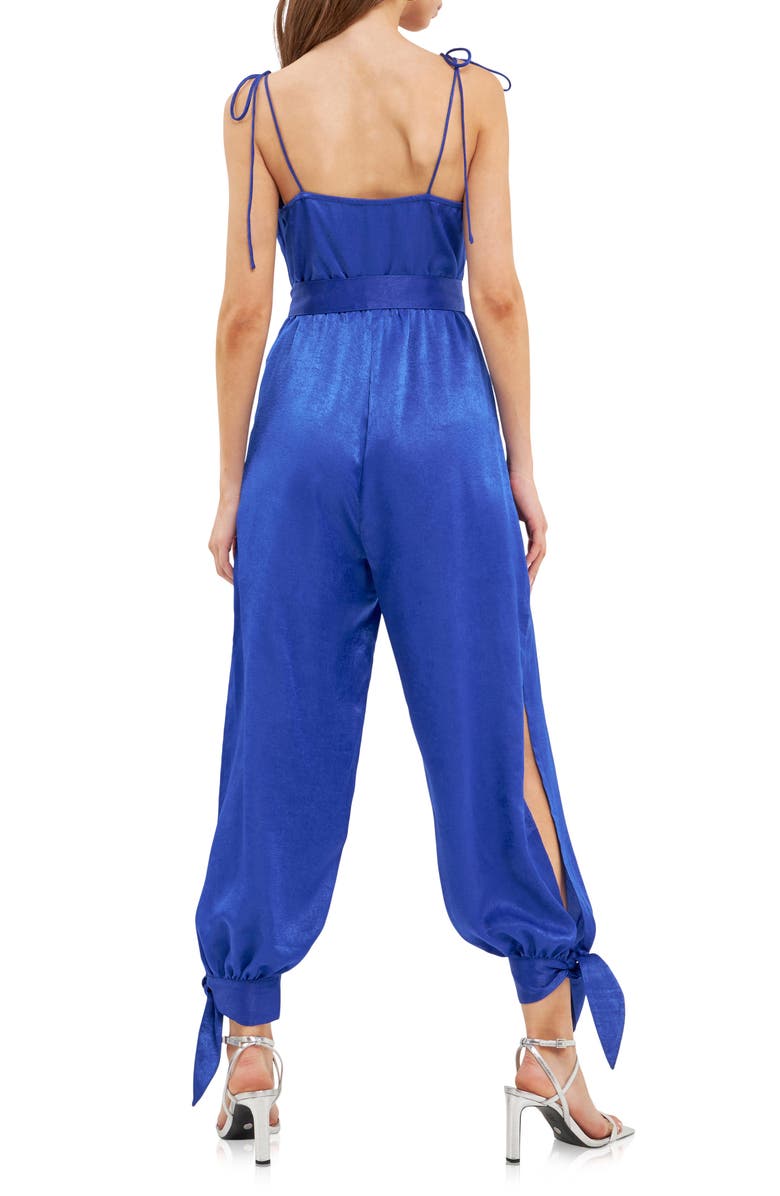 Endless Rose Tie Detail Slit Leg Satin Jumpsuit, Alternate, color, Navy