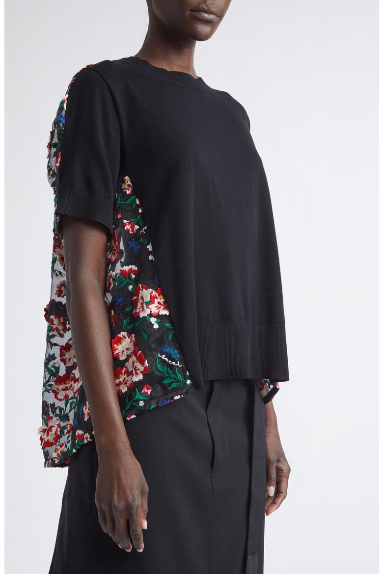 Mixed Media Embroidered Organza & Cotton Blend Pullover Sweater, Alternate, color, BLACK